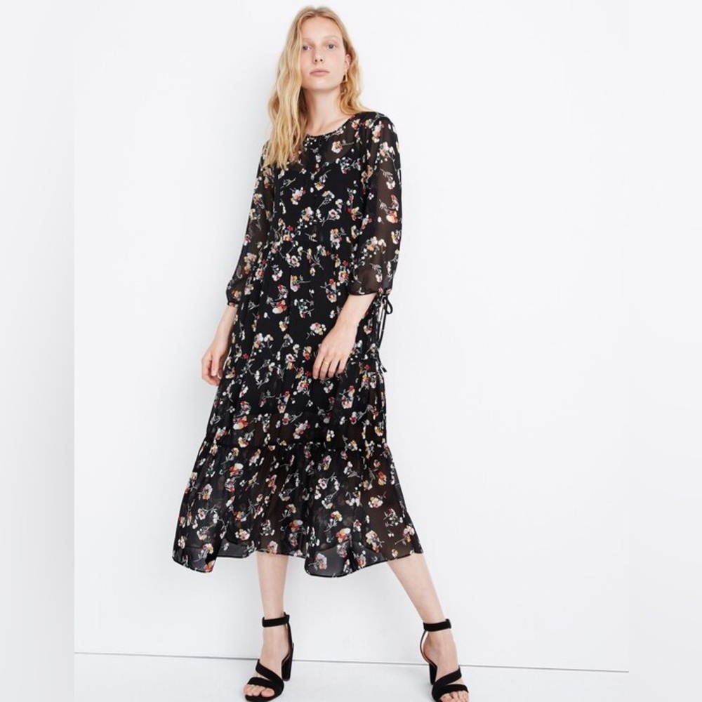 Madewell Dress Sheer Tiered Floral with Button Neckline